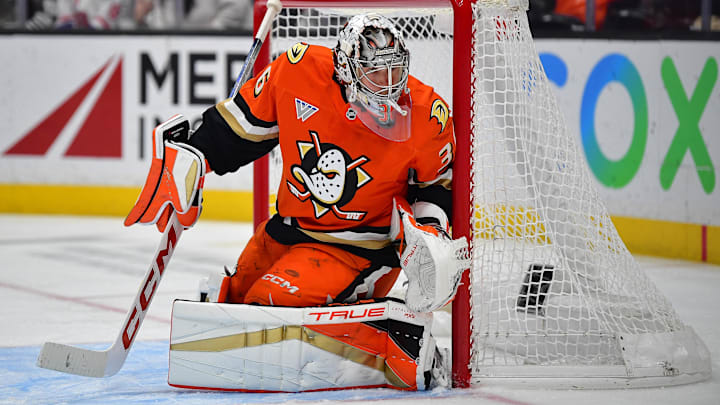 Nov 15, 2024; Anaheim, California, USA; Anaheim Ducks goaltender John Gibson (36) defends the goal against the Detroit Red Wings during the third period at Honda Center. Mandatory Credit: Gary A. Vasquez-Imagn Images