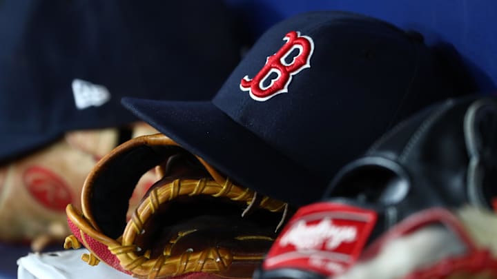 Sep 20, 2019; St. Petersburg, FL, USA; A detail view of Boston Red Sox hats and gloves at Tropicana Field. Mandatory Credit: Kim Klement-Imagn Images Sep 20, 2019; St. Petersburg, FL, USA; A detail view of Boston Red Sox hats and gloves at Tropicana Field. Mandatory Credit: Kim Klement-Imagn Images