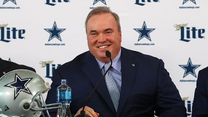 Dallas Cowboys head coach Mike McCarthy smiles as he answers questions during a press conference at Ford Center at The Star. Dallas Cowboys head coach Mike McCarthy smiles as he answers questions during a press conference at Ford Center at The Star.