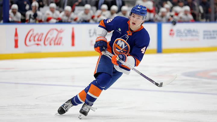 Mar 28, 2026; Elmont, New York, USA; New York Islanders defenseman Matthew Schaefer (48) skates against the Florida Panthers during the second period at UBS Arena. Mandatory Credit: Brad Penner-Imagn Images