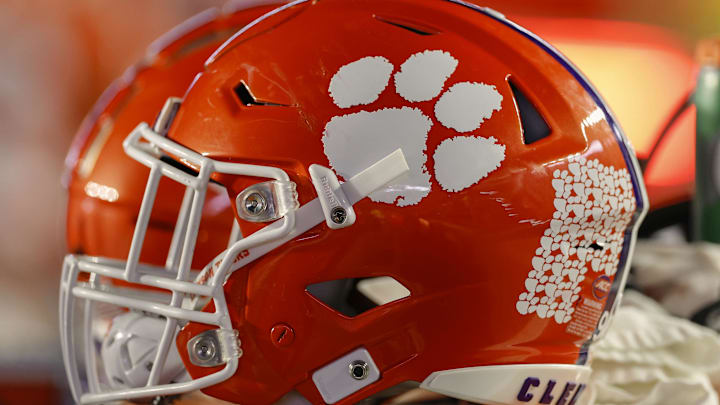 Oct 8, 2022; Chestnut Hill, Massachusetts, USA; The logo of the Clemson Tigers is seen on a football helmet during the second half of the game between the Boston College Eagles and the Clemson Tigers at Alumni Stadium. Mandatory Credit: Winslow Townson-Imagn Images