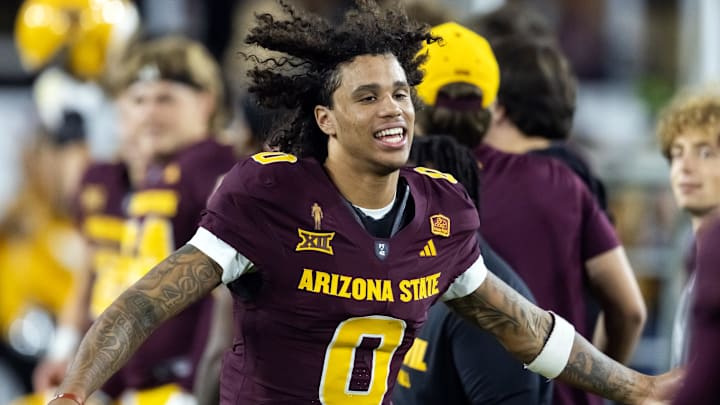 Nov 28, 2025; Tempe, Arizona, USA; Arizona State Sun Devils wide receiver Jordyn Tyson (0) against the Arizona Wildcats during the 99th Territorial Cup at Mountain America Stadium. Mandatory Credit: Mark J. Rebilas-Imagn Images