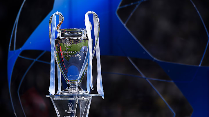 The trophy is seen on a plinth during the award ceremony...