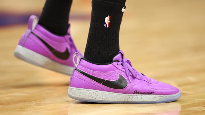 Nov 15, 2023; Phoenix, Arizona, USA; Detailed view of the Nike shoes worn by Phoenix Suns guard Devin Booker (1) against the Minnesota Timberwolves in the second half at Footprint Center. Mandatory Credit: Mark J. Rebilas-Imagn Images Nov 15, 2023; Phoenix, Arizona, USA; Detailed view of the Nike shoes worn by Phoenix Suns guard Devin Booker (1) against the Minnesota Timberwolves in the second half at Footprint Center. Mandatory Credit: Mark J. Rebilas-Imagn Images