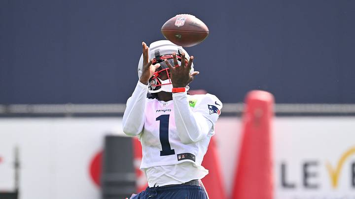 Jul 28, 2026; Foxborough, MA, USA; New England Patriots wide receiver A.J. Brown (1) makes a catch during training camp at Gillette Stadium. 