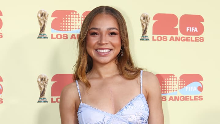 Jun 11, 2025; Los Angeles, California, USA; Angel City FC defender Savy King poses for a photo on the red carpet for the “One Year to Go” for FIFA World Cup 26 event at FOX Studio Lot. Jun 11, 2025; Los Angeles, California, USA; Angel City FC defender Savy King poses for a photo on the red carpet for the “One Year to Go” for FIFA World Cup 26 event at FOX Studio Lot.