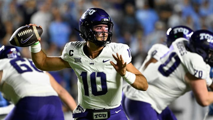 Sep 1, 2025; Chapel Hill, North Carolina, USA; TCU Horned Frogs quarterback Josh Hoover (10) looks to pass in the first quarter at Kenan Stadium. Mandatory Credit: Bob Donnan-Imagn Images