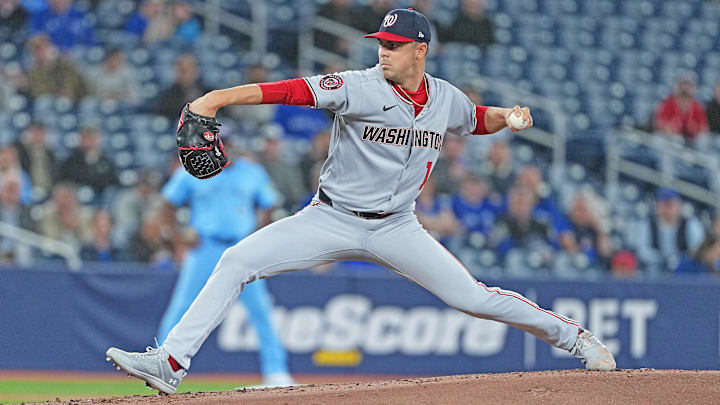 Apr 2, 2025; Toronto, Ontario, CAN; Washington Nationals starting pitcher MacKenzie Gore (1) throws a pitch against the Toronto Blue Jays during the first inning at Rogers Centre.