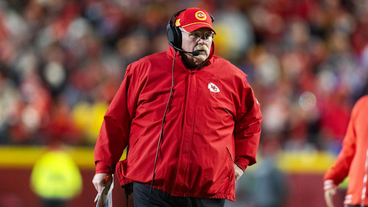 Jan 26, 2025; Kansas City, MO, USA; Kansas City Chiefs head coach Andy Reid against the Buffalo Bills during the AFC Championship game at GEHA Field at Arrowhead Stadium. Mandatory Credit: Mark J. Rebilas-Imagn Images