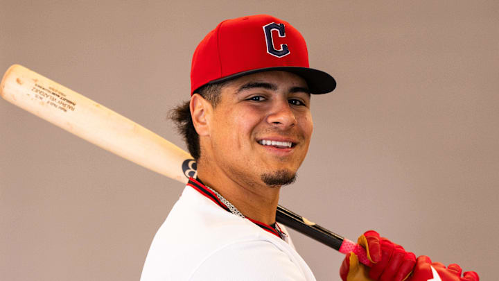Feb 19, 2026; Goodyear, AZ, USA; Cleveland Guardians first baseman Ralphy Velazquez (87) during media day in Goodyear. Mandatory Credit: Arianna Grainey-Imagn Images