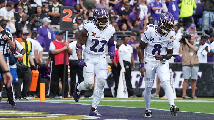Sep 20, 2026; Baltimore, Maryland, USA; Baltimore Ravens running back Derrick Henry (22) celebrates a touchdown with quarterback Lamar Jackson (8) in the first quarter against the New Orleans Saints at M&T Bank Stadium. Mandatory Credit: James Lang-Imagn Images Sep 20, 2026; Baltimore, Maryland, USA; Baltimore Ravens running back Derrick Henry (22) celebrates a touchdown with quarterback Lamar Jackson (8) in the first quarter against the New Orleans Saints at M&T Bank Stadium. Mandatory Credit: James Lang-Imagn Images