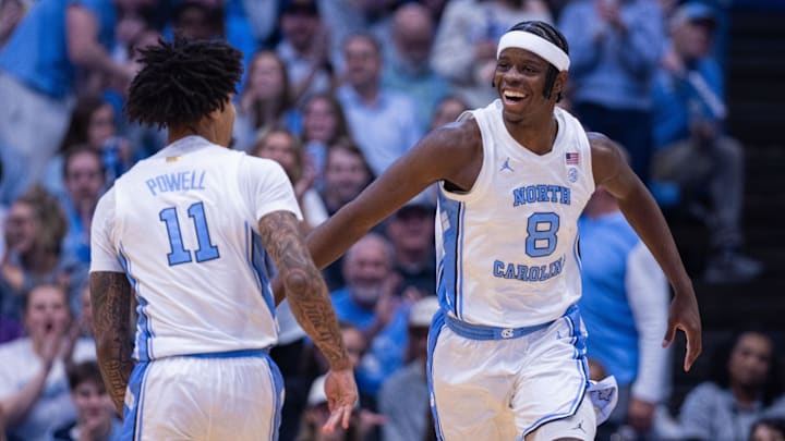 Dec 22, 2025; Chapel Hill, North Carolina, USA; North Carolina Tar Heels forward Caleb Wilson (8) celebrates during the first half against the East Carolina Pirates at Dean E. Smith Center. Mandatory Credit: Scott Kinser-Imagn Images