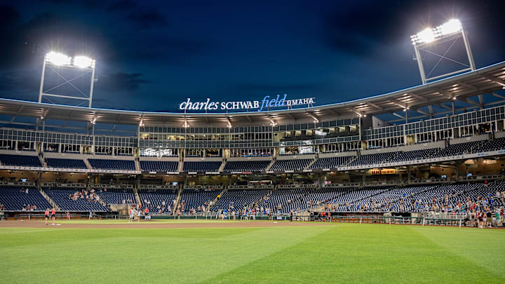 A general view of Charles Schwab Field in Omaha, Nebraska, during the 2024 college baseball season. A general view of Charles Schwab Field in Omaha, Nebraska, during the 2024 college baseball season.
