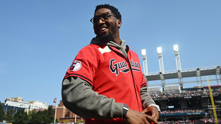 Oct 12, 2024; Cleveland, Ohio, USA; Cleveland Claviers Donovan Mitchell before the game between the Detroit Tigers and the Cleveland Guardians during game five of the ALDS for the 2024 MLB Playoffs at Progressive Field. Mandatory Credit: Ken Blaze-Imagn Images
