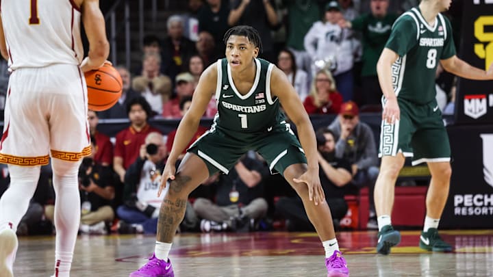 Feb 1, 2025; Los Angeles, California, USA;  Michigan State Spartans guard Jeremy Fears Jr. (1) sets up on defense against the USC Trojans during the second half at Galen Center. Mandatory Credit: William Navarro-Imagn Images