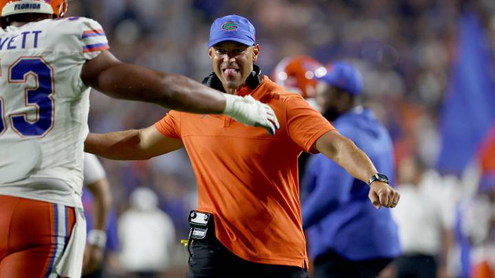 Sep 19, 2026; Auburn, Alabama, USA;  Florida Gators head coach Jon Sumrall celebrates with offensive lineman Bryce Lovett (53) after the Gators scored a touchdown during the fourth quarter against the Auburn Tigers at Jordan-Hare Stadium.  Mandatory Credit: John Reed-Imagn Images