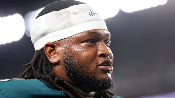 Sep 4, 2025; Philadelphia, Pennsylvania, USA; Philadelphia Eagles defensive tackle Jalen Carter (98) walks off the field after being ejected during the first quarter of the game against the Dallas Cowboys at Lincoln Financial Field. Mandatory Credit: Bill Streicher-Imagn Images
