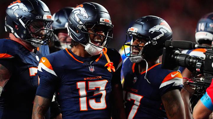 Sep 27, 2026; Denver, Colorado, USA; Denver Broncos wide receiver Pat Bryant (13) celebrates with wide receiver Jaylen Waddle (17) after a two-point conversion against the Los Angeles Rams during the second half at Empower Field at Mile High. Sep 27, 2026; Denver, Colorado, USA; Denver Broncos wide receiver Pat Bryant (13) celebrates with wide receiver Jaylen Waddle (17) after a two-point conversion against the Los Angeles Rams during the second half at Empower Field at Mile High.