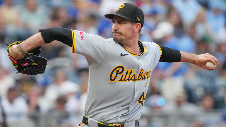 Jul 7, 2025; Kansas City, Missouri, USA; Pittsburgh Pirates starting pitcher Andrew Heaney (45) delivers a pitch against the Kansas City Royals during the first inning at Kauffman Stadium. Mandatory Credit: Denny Medley-Imagn Images