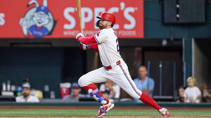 May 30, 2026; Arlington, Texas, USA; Texas Rangers right fielder Brandon Nimmo (24) gets a hit during the ninth inning Kansas City Royals at Globe Life Field. Mandatory Credit: Andrew Dieb-Imagn Images May 30, 2026; Arlington, Texas, USA; Texas Rangers right fielder Brandon Nimmo (24) gets a hit during the ninth inning Kansas City Royals at Globe Life Field. Mandatory Credit: Andrew Dieb-Imagn Images