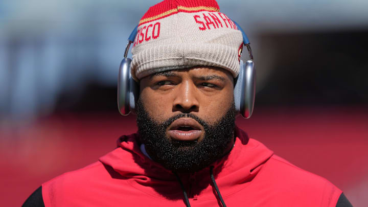 Oct 6, 2024; Santa Clara, California, USA; San Francisco 49ers offensive tackle Trent Williams (71) before the game against the Arizona Cardinals at Levi's Stadium. Mandatory Credit: Darren Yamashita-Imagn Images Oct 6, 2024; Santa Clara, California, USA; San Francisco 49ers offensive tackle Trent Williams (71) before the game against the Arizona Cardinals at Levi's Stadium. Mandatory Credit: Darren Yamashita-Imagn Images