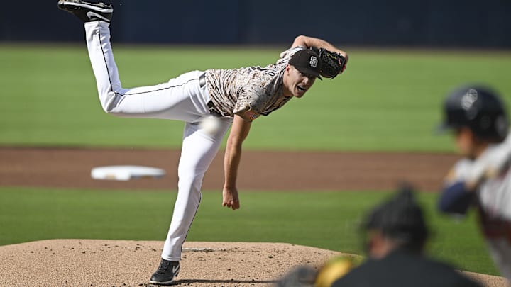 San Diego Padres starting pitcher Nick Pivetta (27) delivers against the Atlanta Braves at Petco Park on March 30.