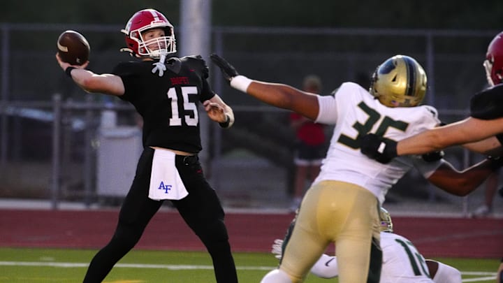 Brophy Prep quarterback throws a pass against Basha during a game at Central High School in Phoenix on Aug. 28, 2025.