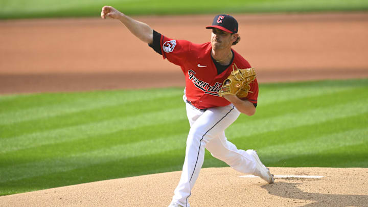 Apr 22, 2023; Cleveland, Ohio, USA; Cleveland Guardians starting pitcher Shane Bieber (57) delivers a pitch in the first inning against the Miami Marlins at Progressive Field. Mandatory Credit: David Richard-Imagn Images
