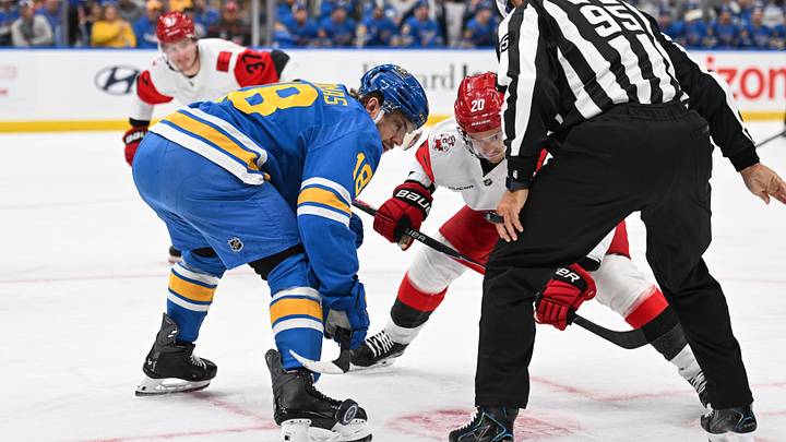 Oct 24, 2026; St. Louis, Missouri, USA;  St. Louis Blues center Robert Thomas (18) faces off against Carolina Hurricanes center Sebastian Aho (20) in the first period at Enterprise Center.  Mandatory Credit: Joe Puetz-Imagn Images