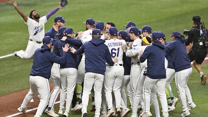 Oct 19, 2026; St. Petersburg, Florida, USA; The Tampa Bay Rays celebrate defeating the Cleveland Guardians in game six of the ALCS for the 2026 MLB Playoffs at Tropicana Field. Mandatory Credit: Pablo Robles-Imagn Images Oct 19, 2026; St. Petersburg, Florida, USA; The Tampa Bay Rays celebrate defeating the Cleveland Guardians in game six of the ALCS for the 2026 MLB Playoffs at Tropicana Field. Mandatory Credit: Pablo Robles-Imagn Images