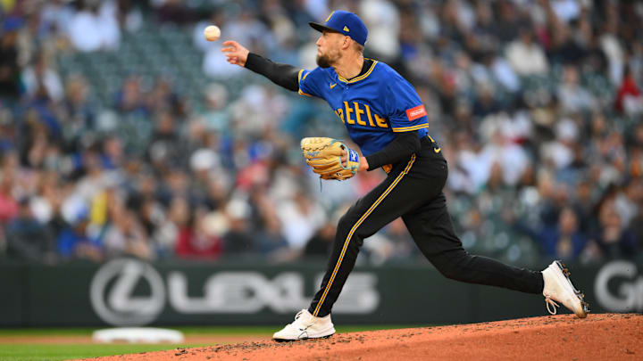Seattle Mariners reliever Casey Lawrence throws during a game against the Miami Marlins on April 25 at T-Mobile Park.