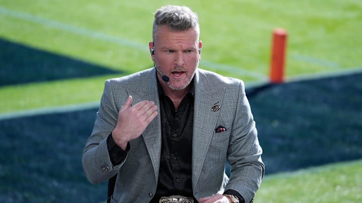 Jan 1, 2024; Pasadena, CA, USA; Pat McAfee on the ESPN College Gameday set at the 2024 Rose Bowl college football playoff semifinal game at Rose Bowl. Mandatory Credit: Kirby Lee-USA TODAY Sports