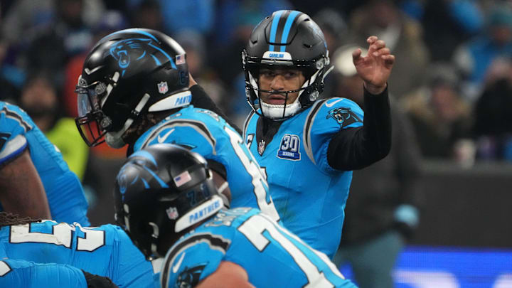 Nov 10, 2024; Munich, Germany; Carolina Panthers quarterback Bryce Young (9) gestures against the New York Giants in the second half during the 2024 NFL Munich Game at Allianz Arena. Mandatory Credit: Kirby Lee-Imagn Images