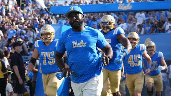 Sep 14, 2024; Pasadena, California, USA; UCLA Bruins head coach DeShaun Foster enters the field before the game against the Indiana Hoosiers at Rose Bowl. Mandatory Credit: Kirby Lee-Imagn Images