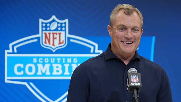 Feb 27, 2025; Indianapolis, IN, USA; San Francisco 49ers general manager John Lynch speaks during the 2025 NFL Scouting Combine at the Indiana Convention Center. Mandatory Credit: Kirby Lee-Imagn Images Feb 27, 2025; Indianapolis, IN, USA; San Francisco 49ers general manager John Lynch speaks during the 2025 NFL Scouting Combine at the Indiana Convention Center. Mandatory Credit: Kirby Lee-Imagn Images