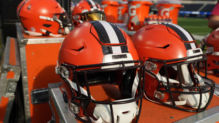 Dec 3, 2023; Inglewood, California, USA; Riddell speedflex Cleveland Browns helmets on the sidelines