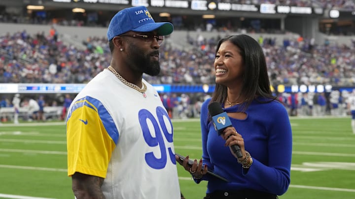 Dec 8, 2024; Inglewood, California, USA; St Louis and Los Angeles Rams former defensive end Michael Brockers is interviewed by Kirsten Watson during the game against the Buffalo Bills at SoFi Stadium. Mandatory Credit: Kirby Lee-Imagn Images Dec 8, 2024; Inglewood, California, USA; St Louis and Los Angeles Rams former defensive end Michael Brockers is interviewed by Kirsten Watson during the game against the Buffalo Bills at SoFi Stadium. Mandatory Credit: Kirby Lee-Imagn Images
