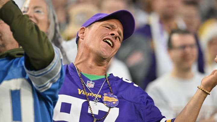 Dec 24, 2023; Minneapolis, Minnesota, USA; Minnesota Vikings fans react during the game against the Detroit Lions at U.S. Bank Stadium. Mandatory Credit: Jeffrey Becker-USA TODAY Sports Dec 24, 2023; Minneapolis, Minnesota, USA; Minnesota Vikings fans react during the game against the Detroit Lions at U.S. Bank Stadium. Mandatory Credit: Jeffrey Becker-USA TODAY Sports