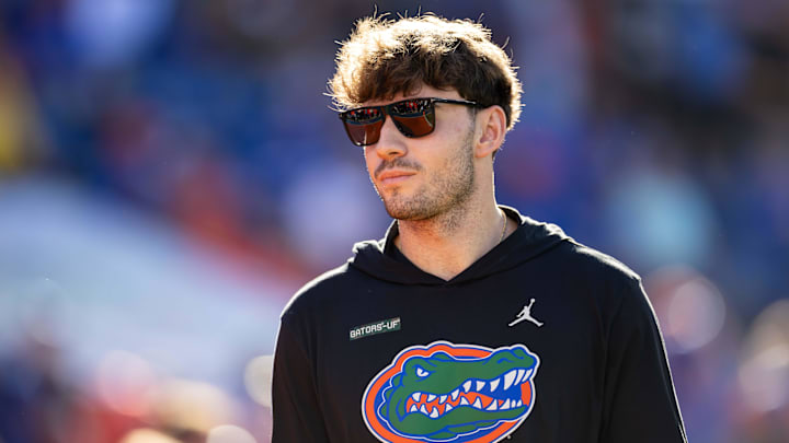 Nov 16, 2024; Gainesville, Florida, USA; Florida Gators quarterback Graham Mertz (15) looks on before a game against the LSU Tigers at Ben Hill Griffin Stadium. Mandatory Credit: Matt Pendleton-Imagn Images