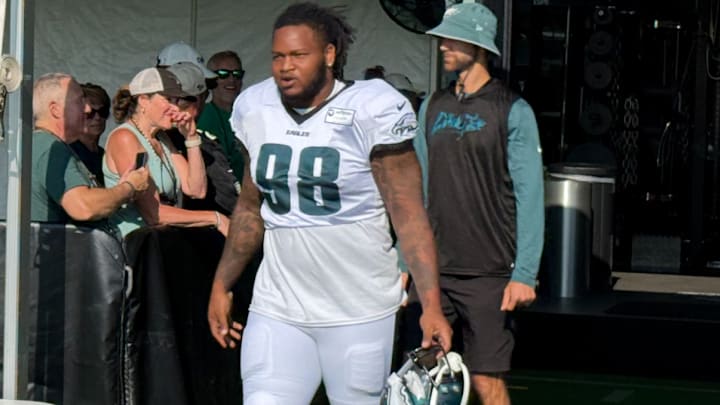 Jalen Carter takes the field on a scorching hot Tuesday morning at Eagles training camp. Jalen Carter takes the field on a scorching hot Tuesday morning at Eagles training camp.