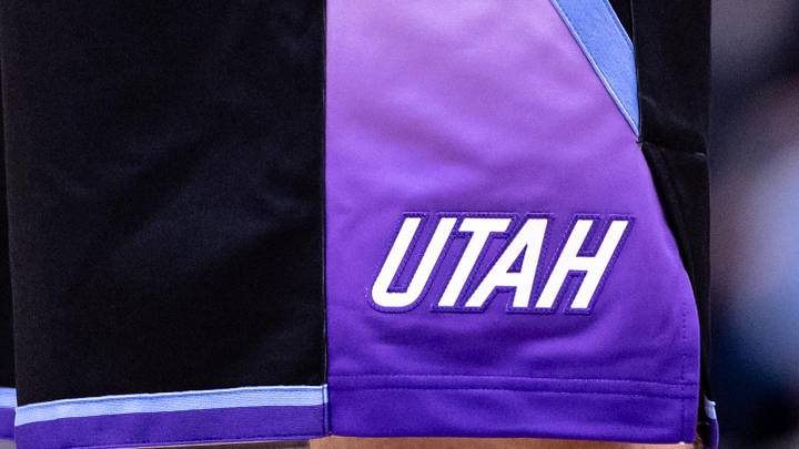 Jan 20, 2025; New Orleans, Louisiana, USA;  Detailed view of the Utah Jazz logo against the New Orleans Pelicans during the first half at Smoothie King Center. Mandatory Credit: Stephen Lew-Imagn Images