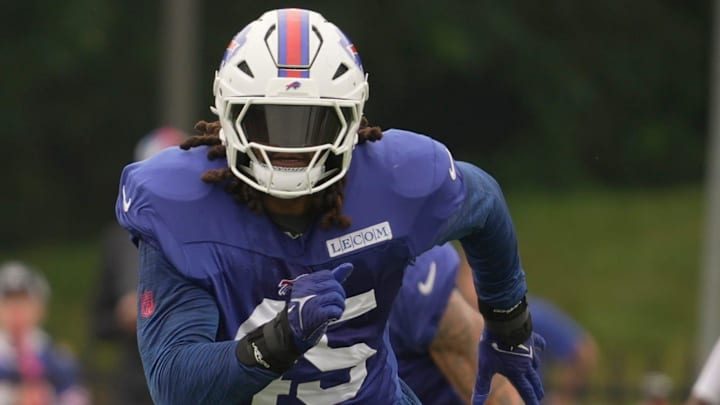 Buffalo Bills linebacker Shaq Thompson runs towards a player during practice at Bills Training Camp at St. John Fisher University in Pittsford on July 31, 2025. Buffalo Bills linebacker Shaq Thompson runs towards a player during practice at Bills Training Camp at St. John Fisher University in Pittsford on July 31, 2025.