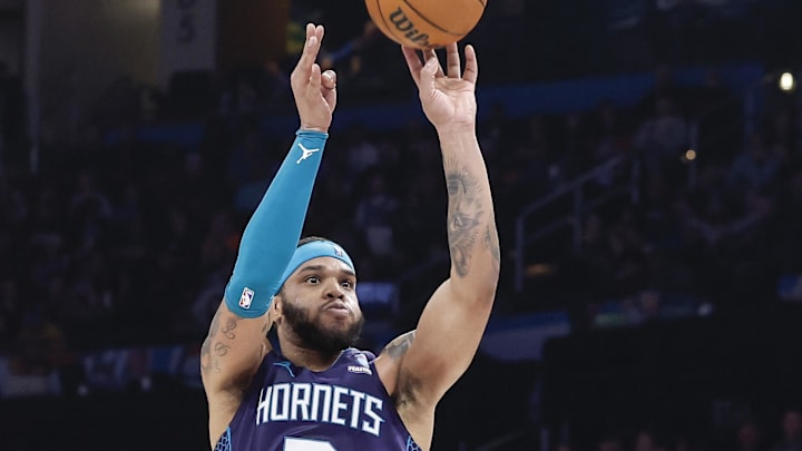 Feb 2, 2024; Oklahoma City, Oklahoma, USA; Charlotte Hornets forward Miles Bridges (0) shoots