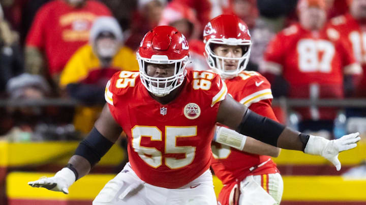 Jan 26, 2025; Kansas City, MO, USA; Kansas City Chiefs guard Trey Smith (65) against the Buffalo Bills in the AFC Championship game at GEHA Field at Arrowhead Stadium. Mandatory Credit: Mark J. Rebilas-Imagn Images