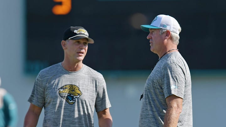 Jaguars general manager Trent Baalke talks with Jacksonville Jaguars head coach Doug Pederson on the field during the fourth day of the NFL football training camp practice session Saturday, July 27, 2024 at EverBank Stadium's Miller Electric Center in Jacksonville, Fla.