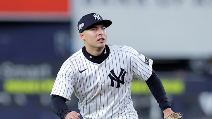 Oct 8, 2025; Bronx, New York, USA; New York Yankees shortstop Anthony Volpe (11) during the third inning of game four of the ALDS round of the 2025 MLB playoffs against the Toronto Blue Jays at Yankee Stadium. Mandatory Credit: Brad Penner-Imagn Images