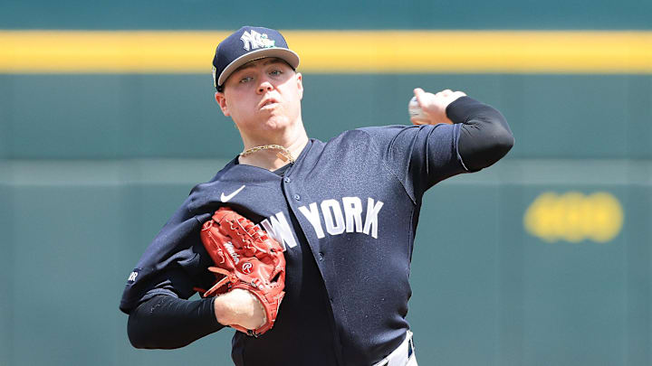 Mar 13, 2026; North Port, Florida, USA;  New York Yankees starting pitcher Ryan Weathers (40) throws a pitch during the first inning against the Atlanta Braves at CoolToday Park. Mandatory Credit: Kim Klement Neitzel-Imagn Images