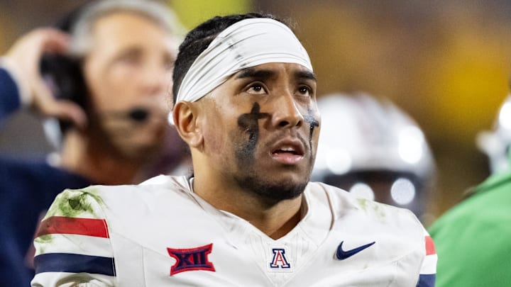 Nov 28, 2025; Tempe, Arizona, USA; Arizona Wildcats quarterback Noah Fifita (1) against the Arizona State Sun Devils during the 99th Territorial Cup at Mountain America Stadium. Mandatory Credit: Mark J. Rebilas-Imagn Images Nov 28, 2025; Tempe, Arizona, USA; Arizona Wildcats quarterback Noah Fifita (1) against the Arizona State Sun Devils during the 99th Territorial Cup at Mountain America Stadium. Mandatory Credit: Mark J. Rebilas-Imagn Images