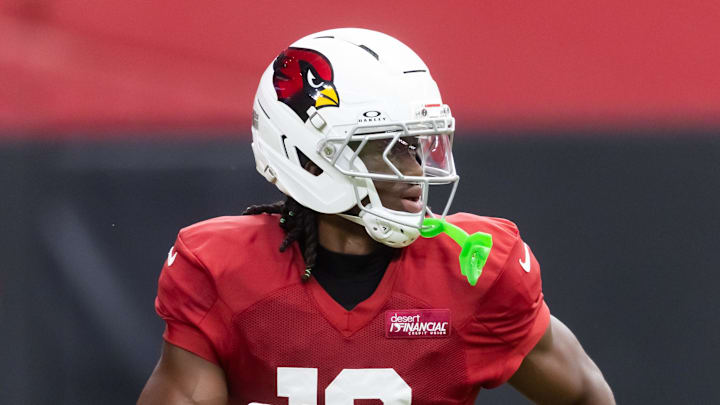 Jul 29, 2025; Glendale, AZ, USA; Arizona Cardinals wide receiver Marvin Harrison Jr. (18) during training camp at State Farm Stadium. Mandatory Credit: Mark J. Rebilas-Imagn Images