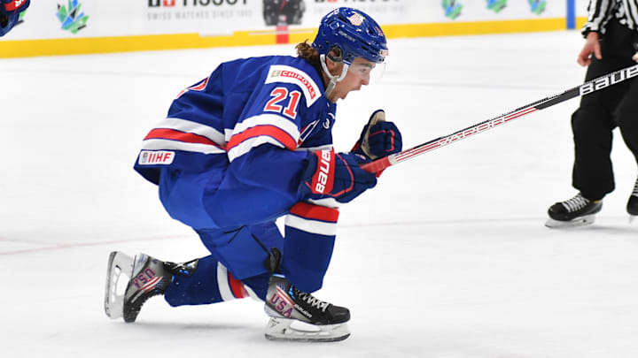 Brett Berard celebrates his goal vs. Sweden at the 2022 IIHF World Junior Championship
